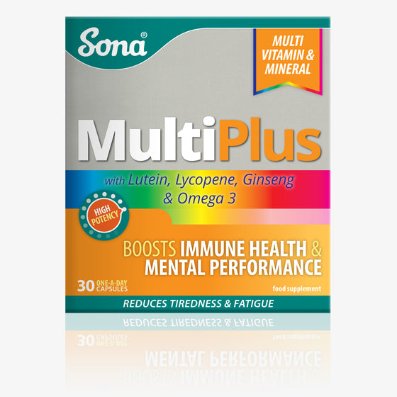 Sona MultiPlus, a multivitamin and mineral capsule with 35 nutrients, Ginseng, essential fatty acids and Omega 3. Supports overall health and wellbeing.