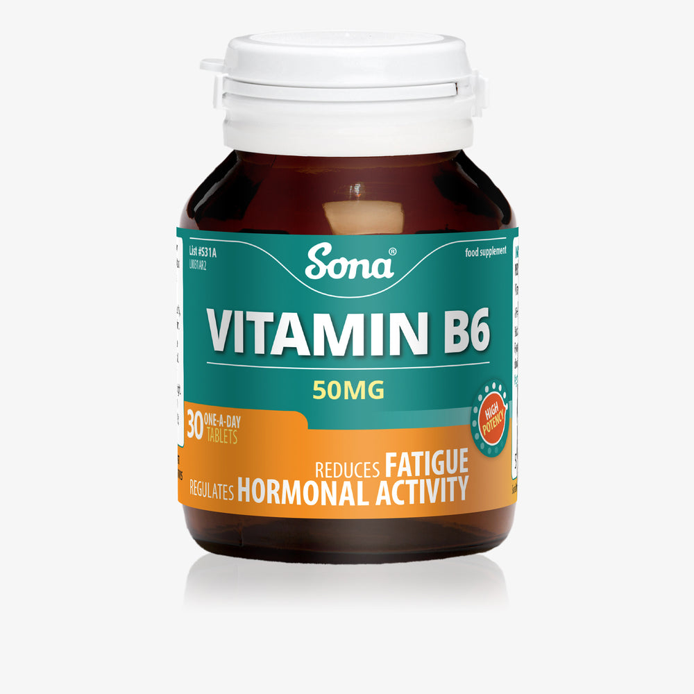 
                      
                        Sona Vitamin B6 50mg. Supports energy metabolism, reduction of tiredness & fatigue and regulation of hormonal activity.
                      
                    