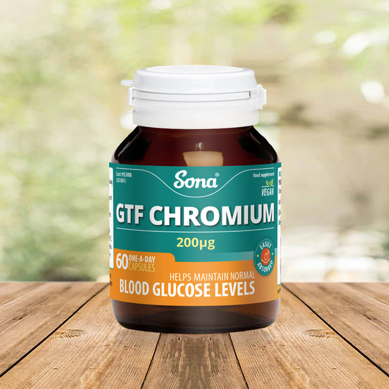Sona GTF Chromium provides 200μg of Chromium, an essential nutrient. Helps maintain normal blood glucose levels, minimising hunger pains.