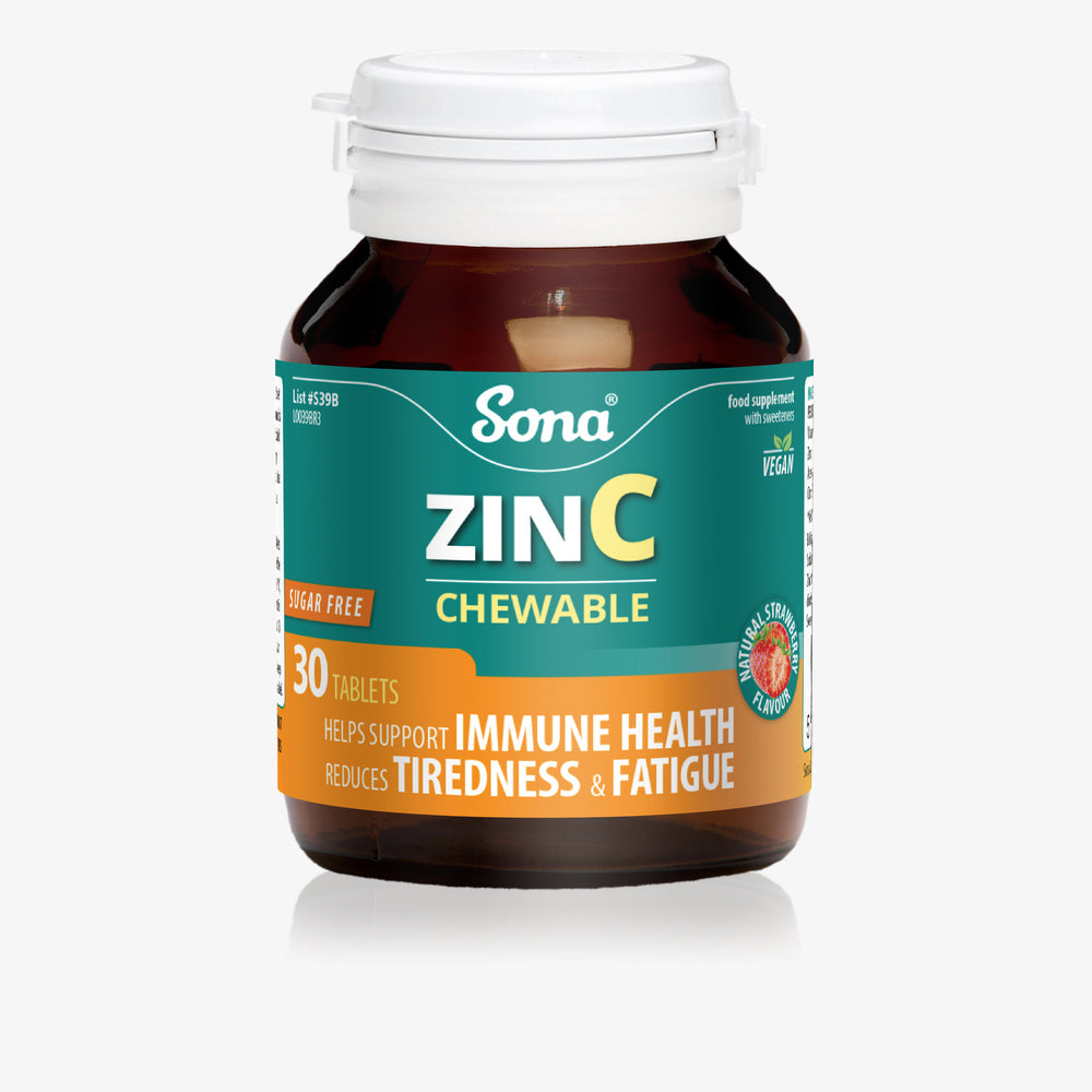 
                      
                        Sona ZinC with Vitamin C in one chewable strawberry flavoured tablet. Supports the Immune system and boosts energy. Ease sore throats. Sugar Free.
                      
                    