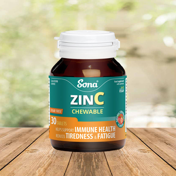 Sona ZinC with Vitamin C in one chewable strawberry flavoured tablet. Supports the Immune system and boosts energy. Ease sore throats. Sugar Free.