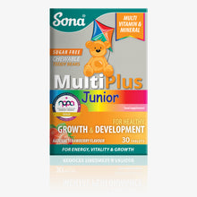  MultiPlus Junior Chewable, teddy bear shaped tablets are a multivitamin and mineral for children, in a natural strawberry flavour. Supports growth & development.
