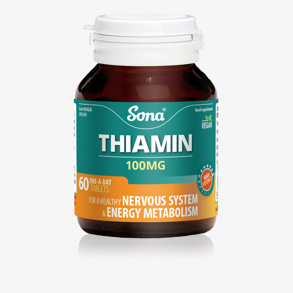 
                      
                        Sona Thiamin 100mg Vitamin B1 per tablet. Supports normal cardiac function, psychological function, energy metabolism and the nervous system.
                      
                    