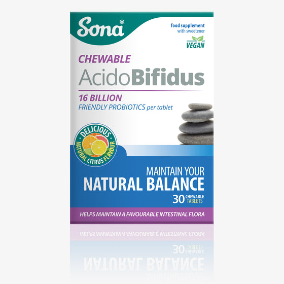 Sona AcidoBifidus Chewable Probiotics. 12 billion probiotics per tablet.  Good bacteria tablets for a healthy immune system and digestive health.