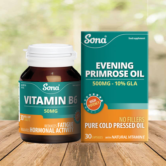 Sona PMT pack is a special offer pack of Vitamin B6 tablets and Evening Primrose Oil  capsules to aid in minimising and relieving cyclical symptoms of pre menstrual stress.