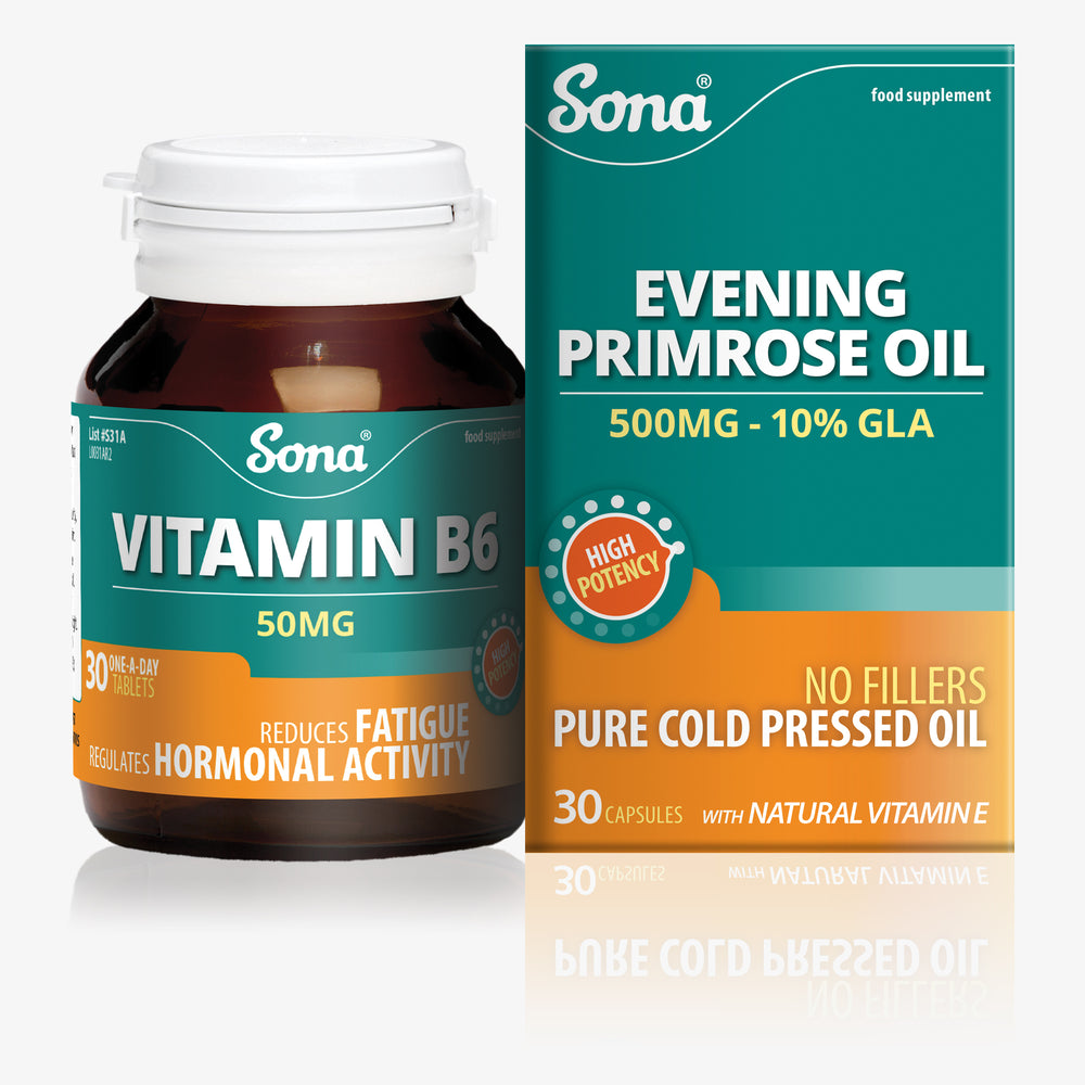 
                      
                        Sona PMT pack is a special offer pack of Vitamin B6 tablets and Evening Primrose Oil  capsules to aid in minimising and relieving cyclical symptoms of pre menstrual stress.
                      
                    