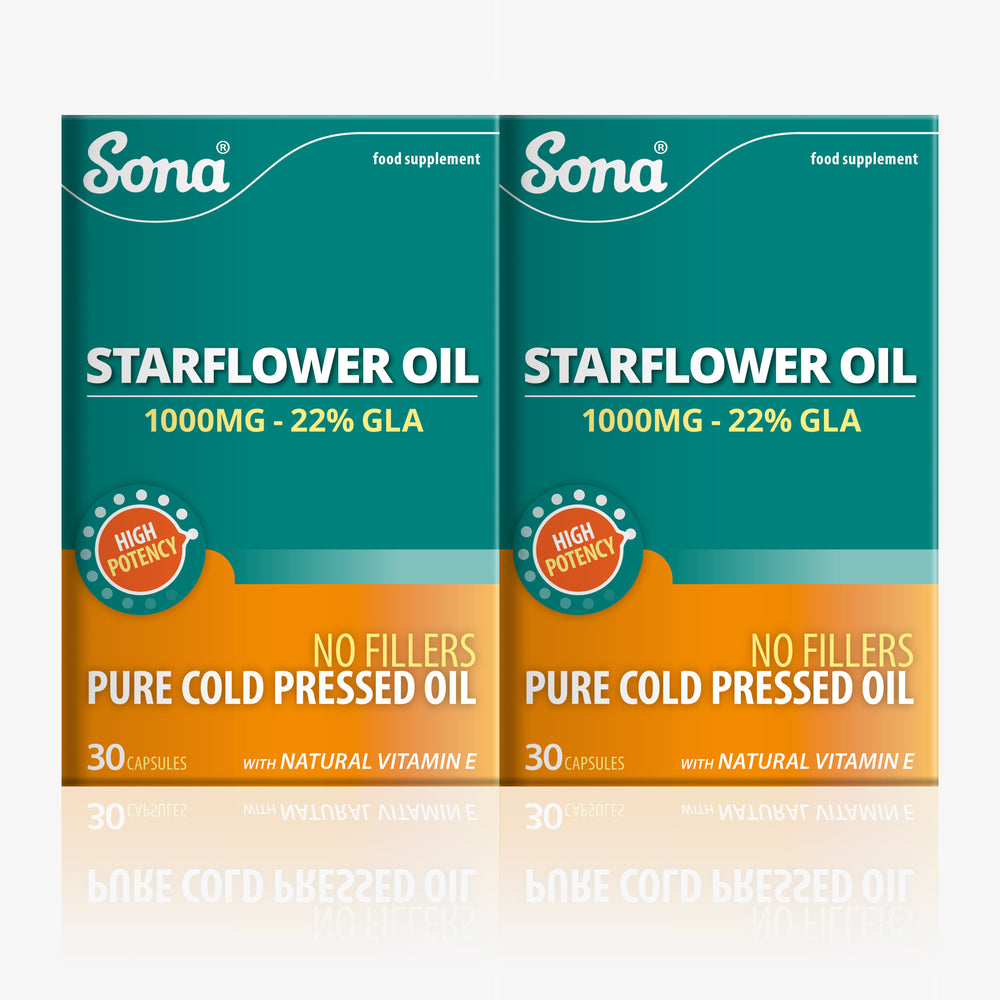 Packaging of Sona Starflower Oil Capsules, featuring two boxes each containing 30 capsules of 1000mg starflower oil with 22% GLA. The labels highlight high potency, pure cold pressed oil with natural Vitamin E, and no fillers. The product supports skin health and reduces PMS symptoms, available in twin packs.