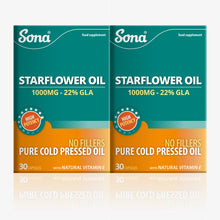  Sona Starflower Oil, 1000mg Omega 6 Fatty Acid. Benefits include reducing PMS, skin health, calming skin inflammation, and easing joint pain.