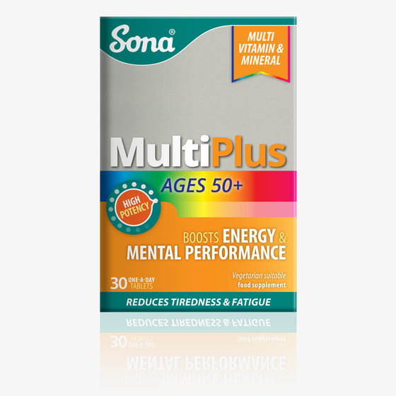 Sona MultiPlus Ages 50+ is a complete One-A-Day, multivitamin and mineral tablet, for those aged 50+, to support overall health and wellbeing. 