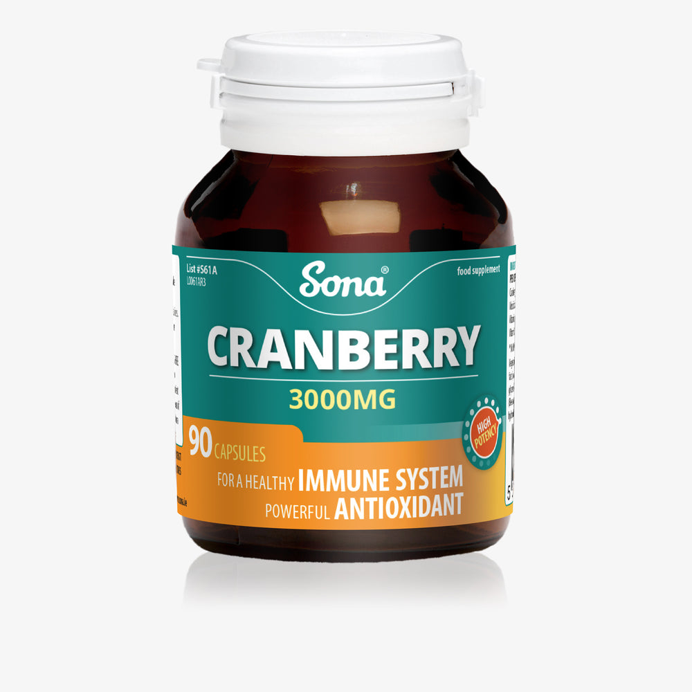 
                      
                        Sona Cranberry capsules, equivalent to 3000mg of cranberry juice, without the sugar or calories. Beneficial for immune health and recurrent UTIs.
                      
                    