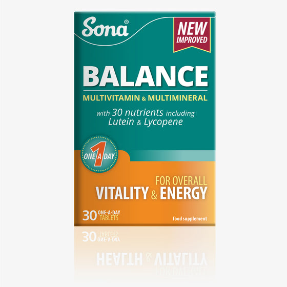 Sona Balance. A Multivitamin and Multimineral with 30 essential nutrients and antioxidants. One a day tablet.