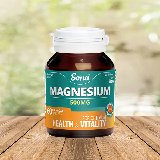 Sona Magnesium, 500mg tablets. For muscle function, energy metabolism, reduction of tiredness & fatigue and maintenance of bones and teeth.