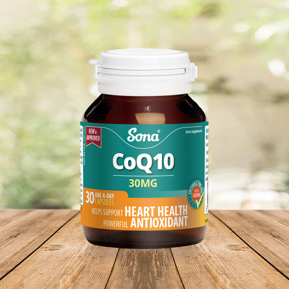 
                      
                        Sona CoQ10 30mg provides concentrated Coenzyme Q10 (CoQ10). Supports energy levels and a healthy heart. Recommended if taking statin medication.
                      
                    