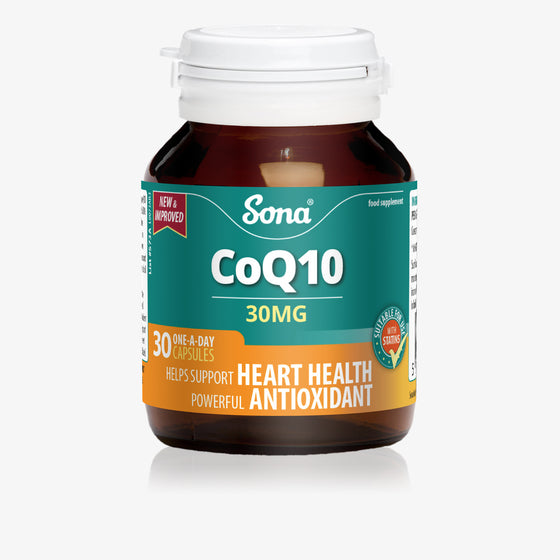 Sona CoQ10 30mg provides concentrated Coenzyme Q10 (CoQ10). Supports energy levels and a healthy heart. Recommended if taking statin medication.