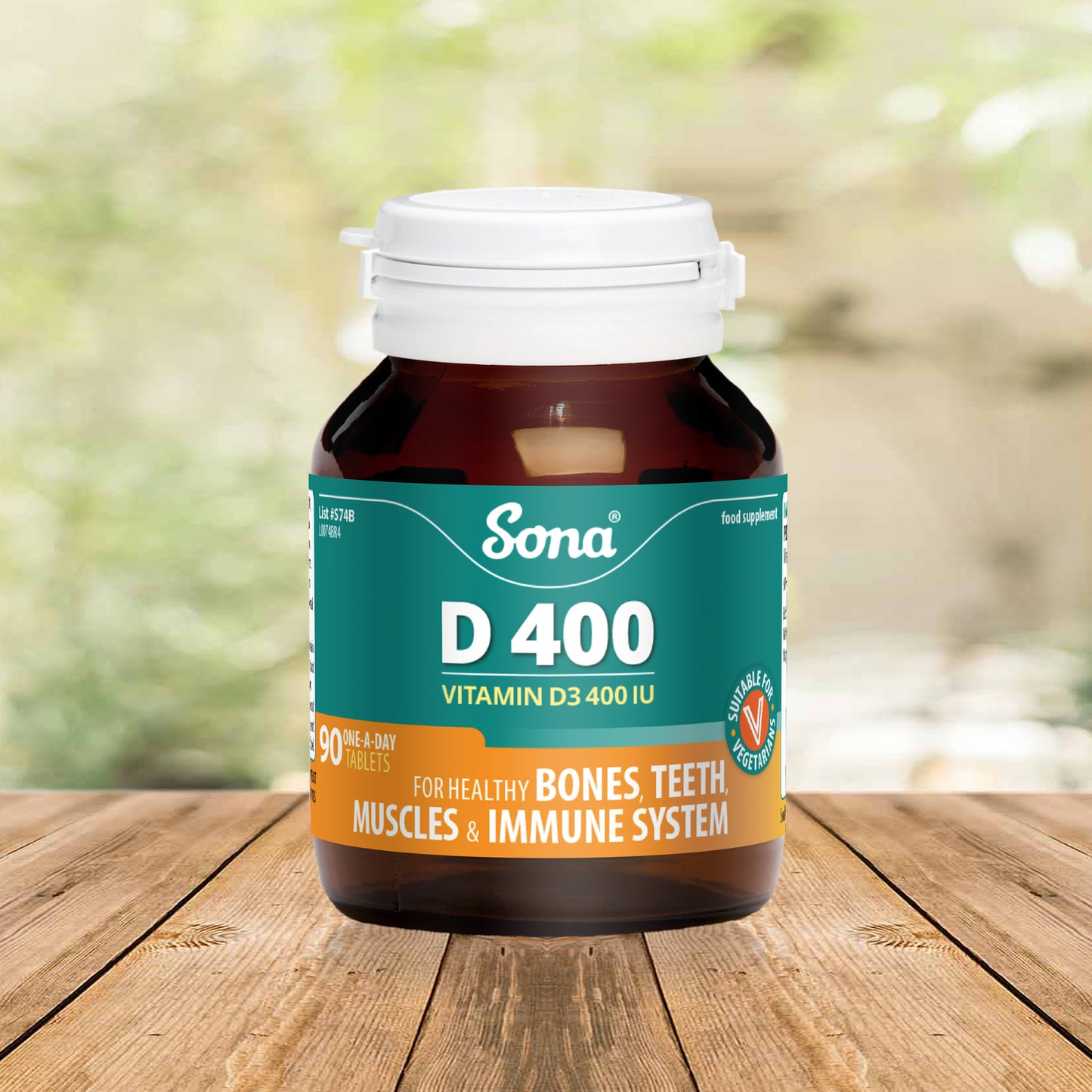 Sona D 400, Vitamin D tablets. For maintenance of bones, teeth, muscles, the immune system, and absorption of calcium and phosphorus.