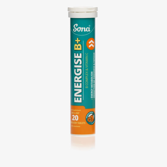Sona Energise B+ - Effervescent tablets with Vitamins B and Vitamin C, to provide an instant energy boost. Delicious natural orange flavour.