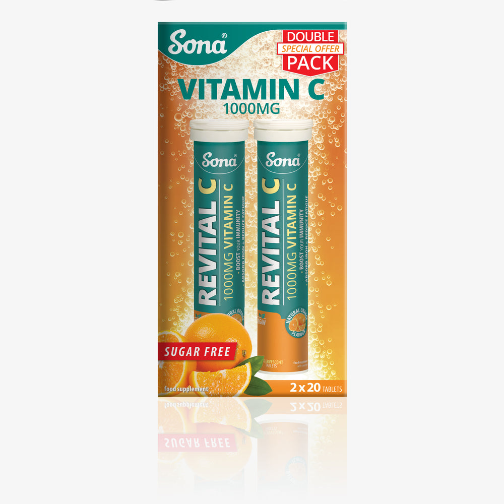 
                      
                        Sona Revital C, 1000mg Vitamin C is delicious orange flavoured drink. For a healthy immune system and energy. Sugar free effervescent tablets.
                      
                    