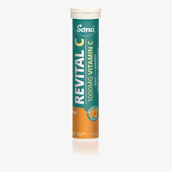 Sona Revital C, 1000mg Vitamin C is delicious orange flavoured drink. For a healthy immune system and energy. Sugar free effervescent tablets.