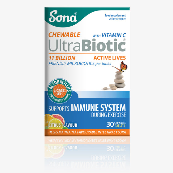 Sona UltraBiotic Active Lives chewable probiotics with added Vitamin C. Lactobacillus strains, L.casei 431®. Friendly gut bacteria.