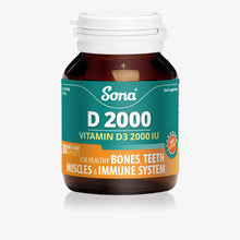 Sona D 2000, Vitamin D capsules. For maintenance of bones, teeth, muscles, the immune system, and absorption of calcium and phosphorus.