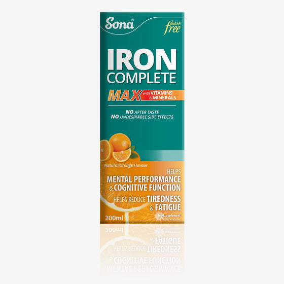 Sona Iron Complete MAX is a non-constipating, Iron supplement with vitamins & minerals, and a delicious natural orange flavour.