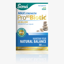  Sona Pro60Biotic max provides 60 billion probiotics per capsule. Lactobacillus Acidophilus and Bifidobacterium. For a healthy digestive and immune system.