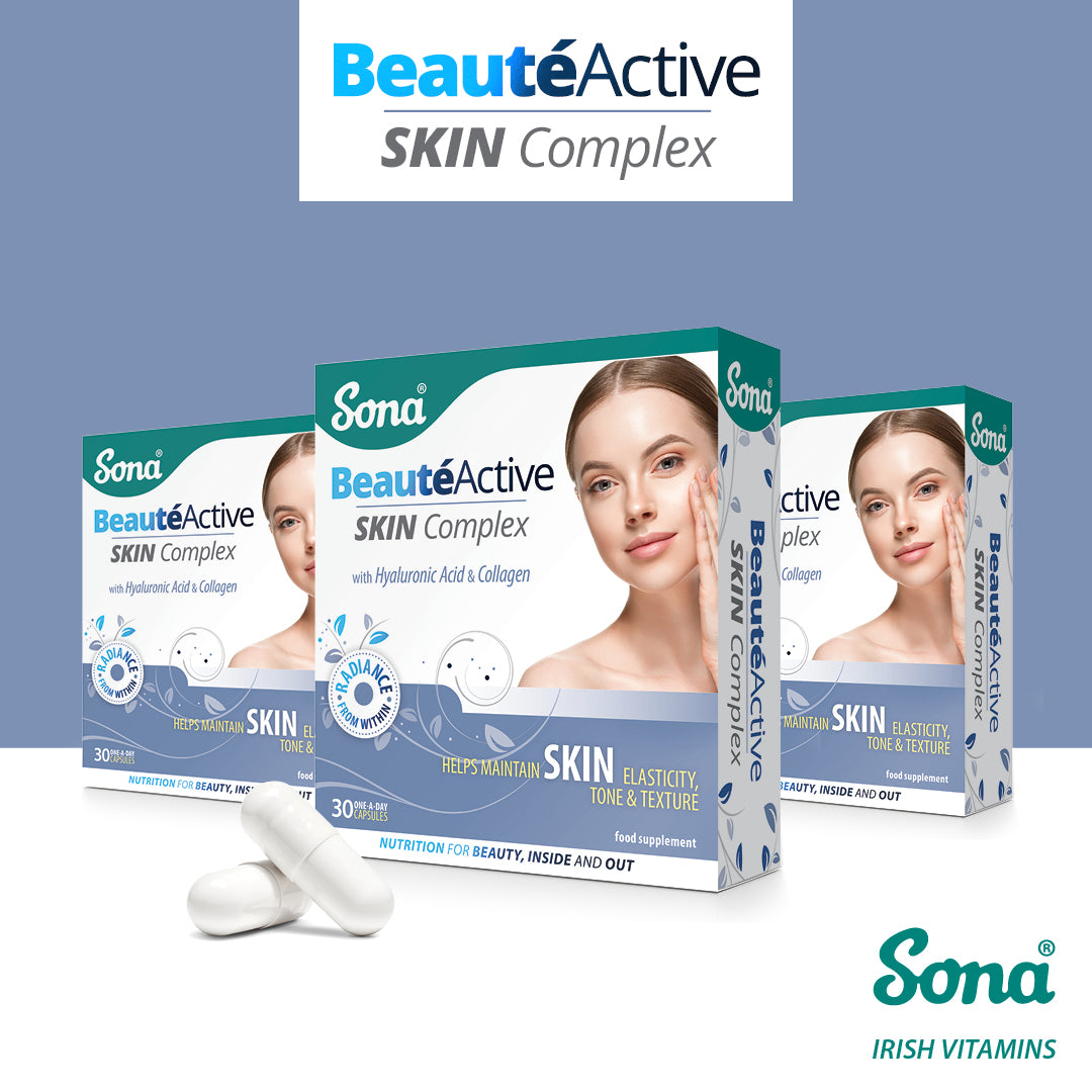 Sona BeautéActive is a specially formulated skin supplement with Collagen & Hyaluronic Acid. Helps maintain skin elasticity, tone and texture.