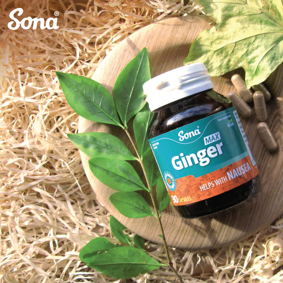 Sona Ginger Max capsules provide a concentrated source of natural Ginger. Helps ease the feeling of nausea and morning sickness. Digestive aid.
