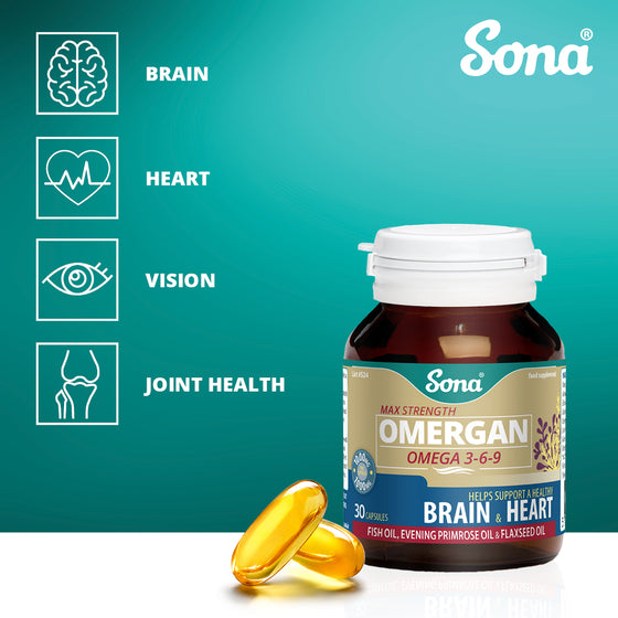 Sona Omergan - Omega 3-6-9 Max Strength Fish Oil. Flax, fish and borage oil. Pure essential Fatty Acids. Beneficial for heart, vision and brain health.
