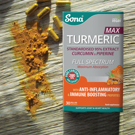 Sona Turmeric MAX capsules. 200mg Curcumin & Black Pepper Extract. Anti-inflammatory and immune boosting properties. Supports joint & heart health.