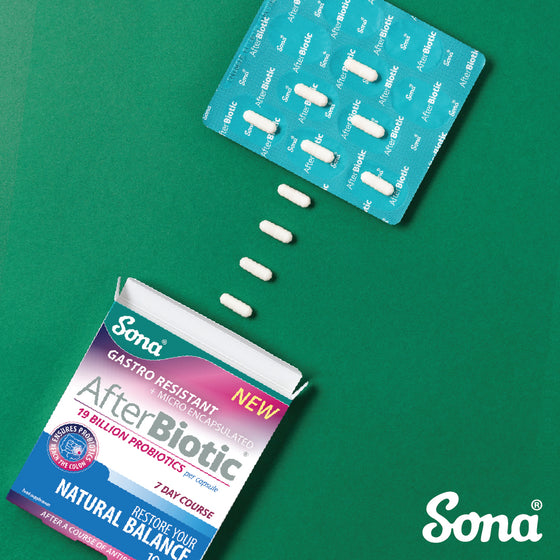 Sona AfterBiotic. A 7 day course of probiotics for after a course of antibiotics. Good bacterial for a healthy digestive and immune system.