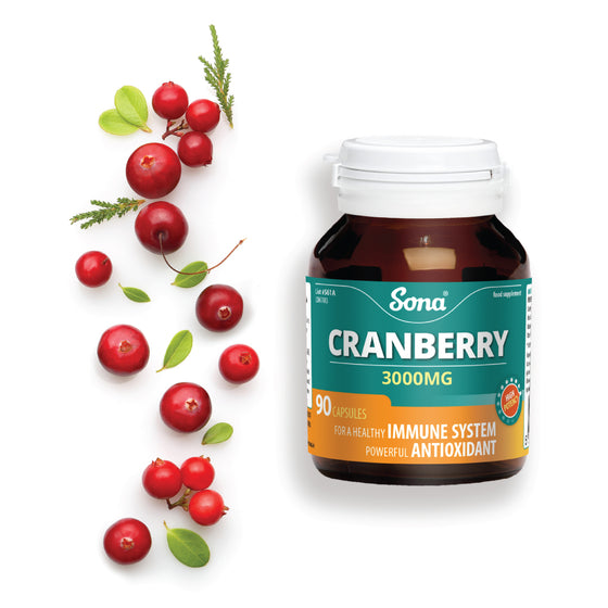 Sona Cranberry capsules, equivalent to 3000mg of cranberry juice, without the sugar or calories. Beneficial for immune health and recurrent UTIs.