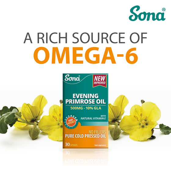 Sona Evening Primrose Oil, 500mg capsules. Helps reduce PMS, skin inflammation and joint pain. Hormone balancing effects.
