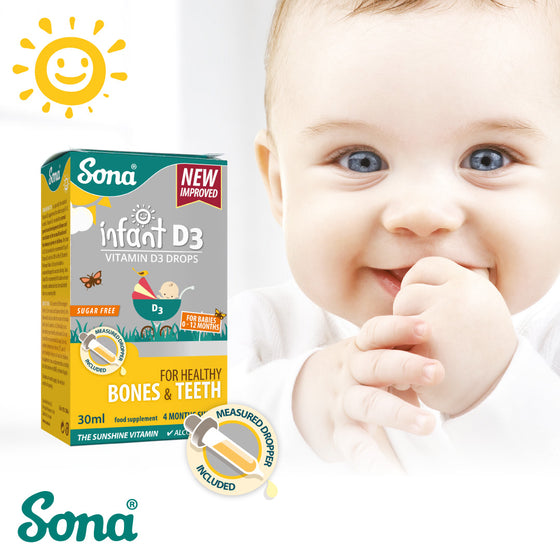 Sona Infant D3, provides 100% of the HSE recommended dose of Vitamin D for newborns and babies. For a healthy immune system, bones and teeth.
