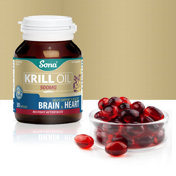 Sona Krill Oil provides a high strength of 500mg Krill. Omega 3 fatty acids for vision, heart and brain health. No unpleasant fishy aftertaste.