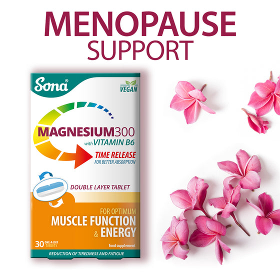 Magnesium 300mg with Vitamin B6 Time Release tablets, for better absorption. Supports muscle function, energy metabolism and maintenance of bones and teeth.
