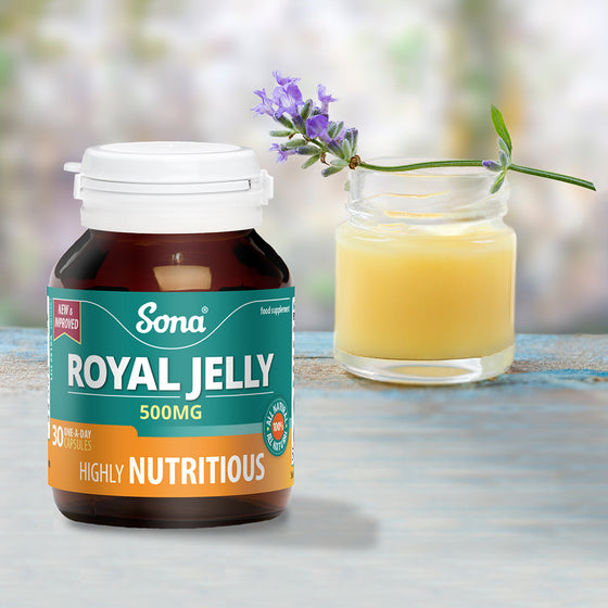 Sona Royal Jelly provides a wide range of nutrients. Easy to swallow capsules. 500mg per capsule.