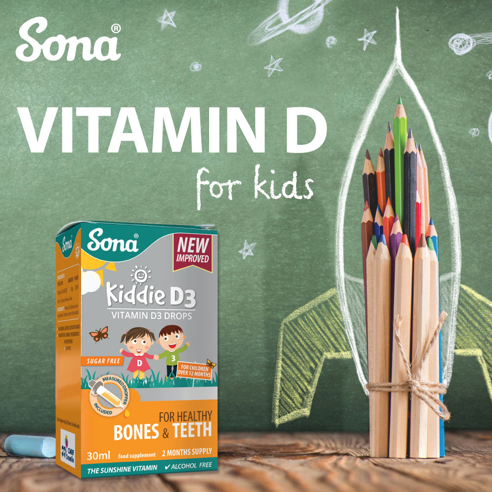 
                      
                        Sona Kiddie D3 for Children provides 400 IU (10µg) of Vitamin D3 per dose. Supports a healthy immune system, and development of bones and teeth.
                      
                    