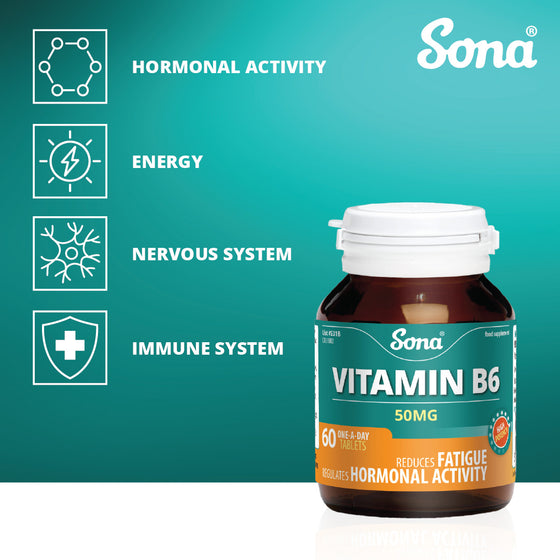 Sona Vitamin B6 50mg. Supports energy metabolism, reduction of tiredness & fatigue and regulation of hormonal activity.