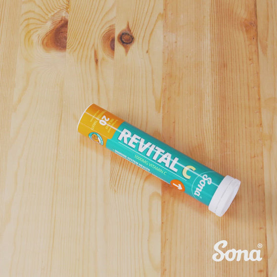 Sona Revital C - 1000mg Vitamin C Effervescent Tablets. Revitalise with Sona's 1000mg vitamin C per effervescent tablet. Dissolve in water to make a delicious orange flavoured drink. Immune system health. Reduction of tiredness and fatigue. Sugar free.